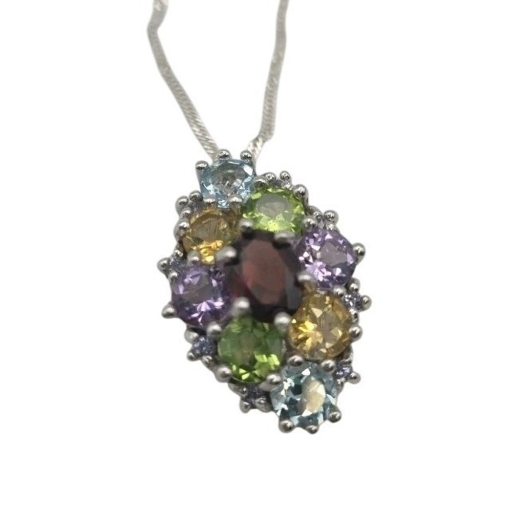 Rainbow 5.29 cts Multi Gemstone Cluster Pendant Rhombus 18" Sterling Silver 925